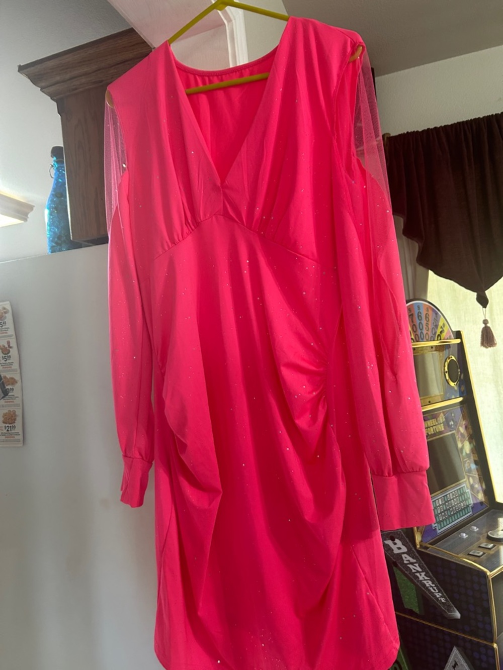 Hot Pink Sheer Long-Sleeve V-Neck Sparkle Dress